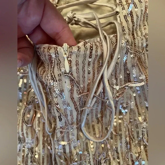 LULUS Endless Festivities Rose Gold Sequin Fringe Lace-Up Maxi Dress Formal Gown - Picture 11 of 13